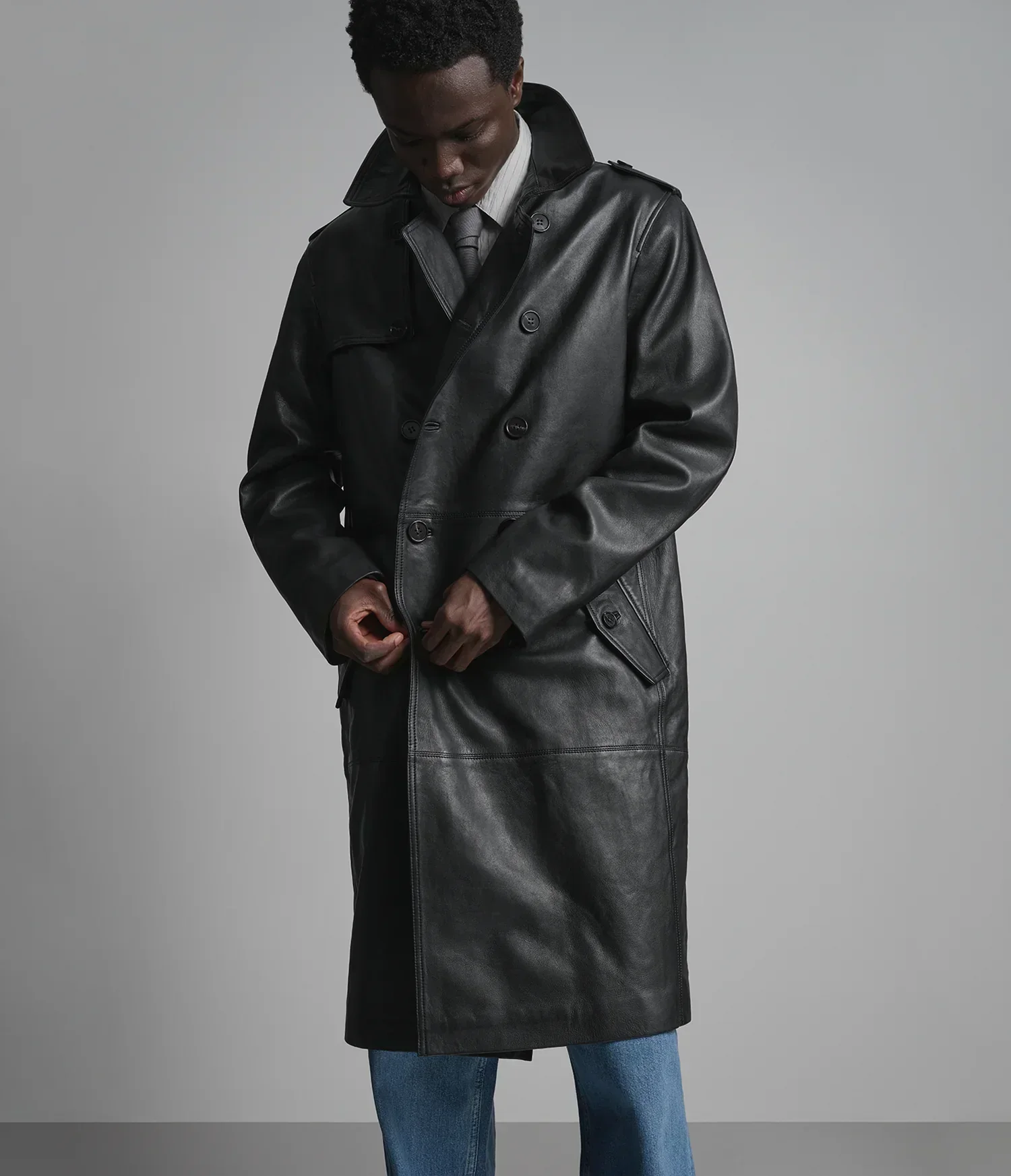 Jensen Double-Breasted Leather Car Coat