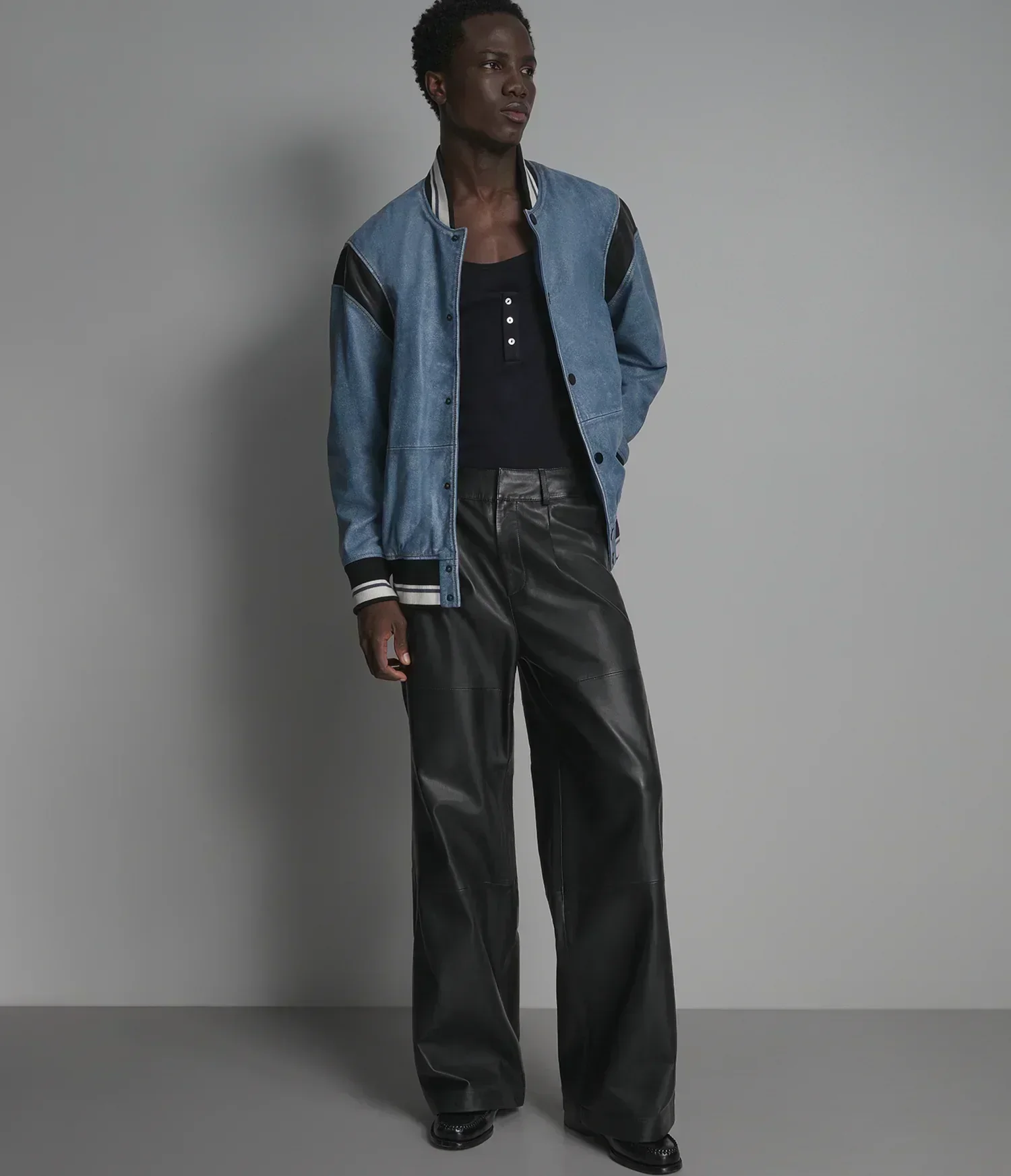 Simon Leather Denim Varsity Jacket