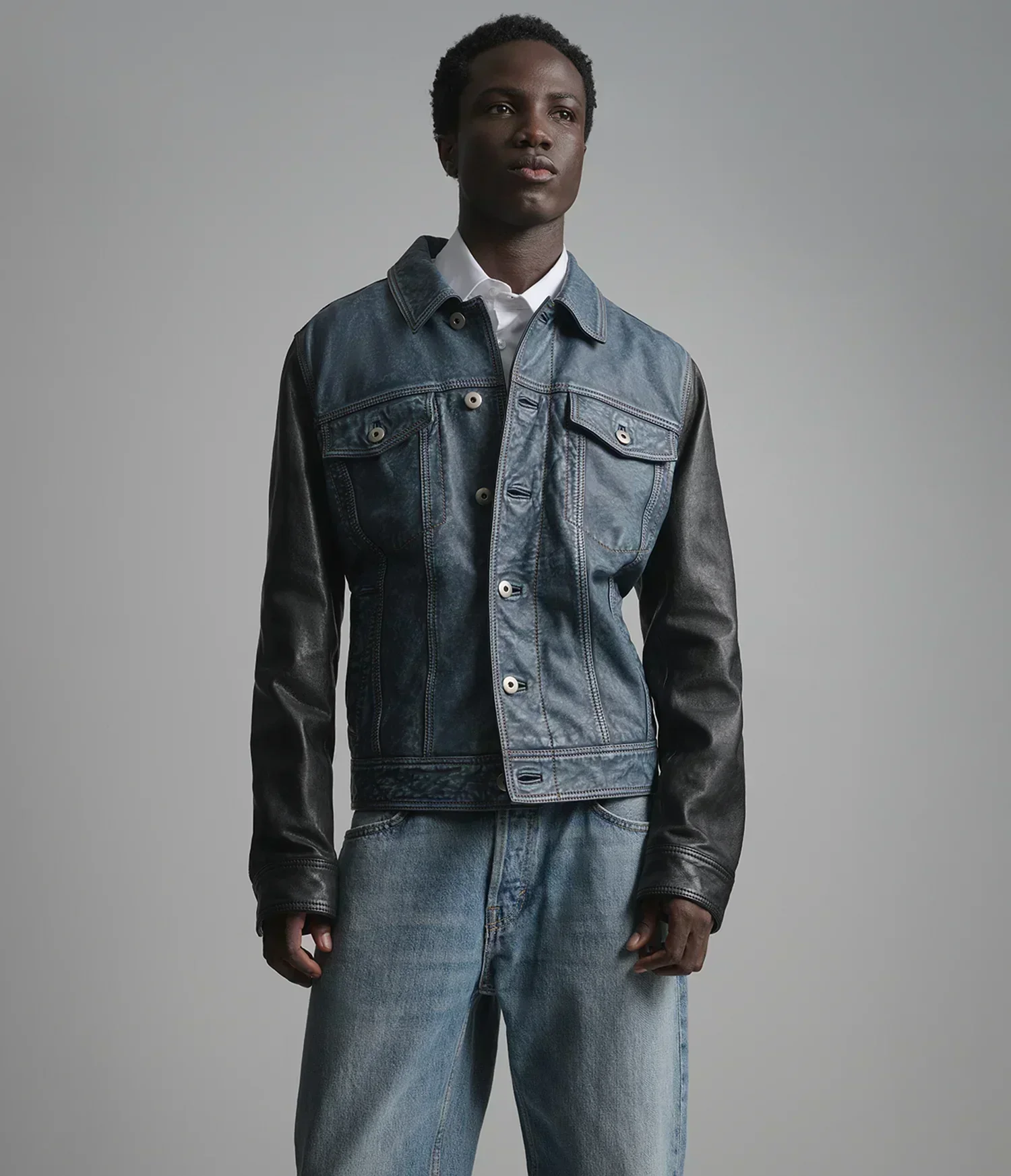Beckham Color-Block Leather Denim Trucker Jacket