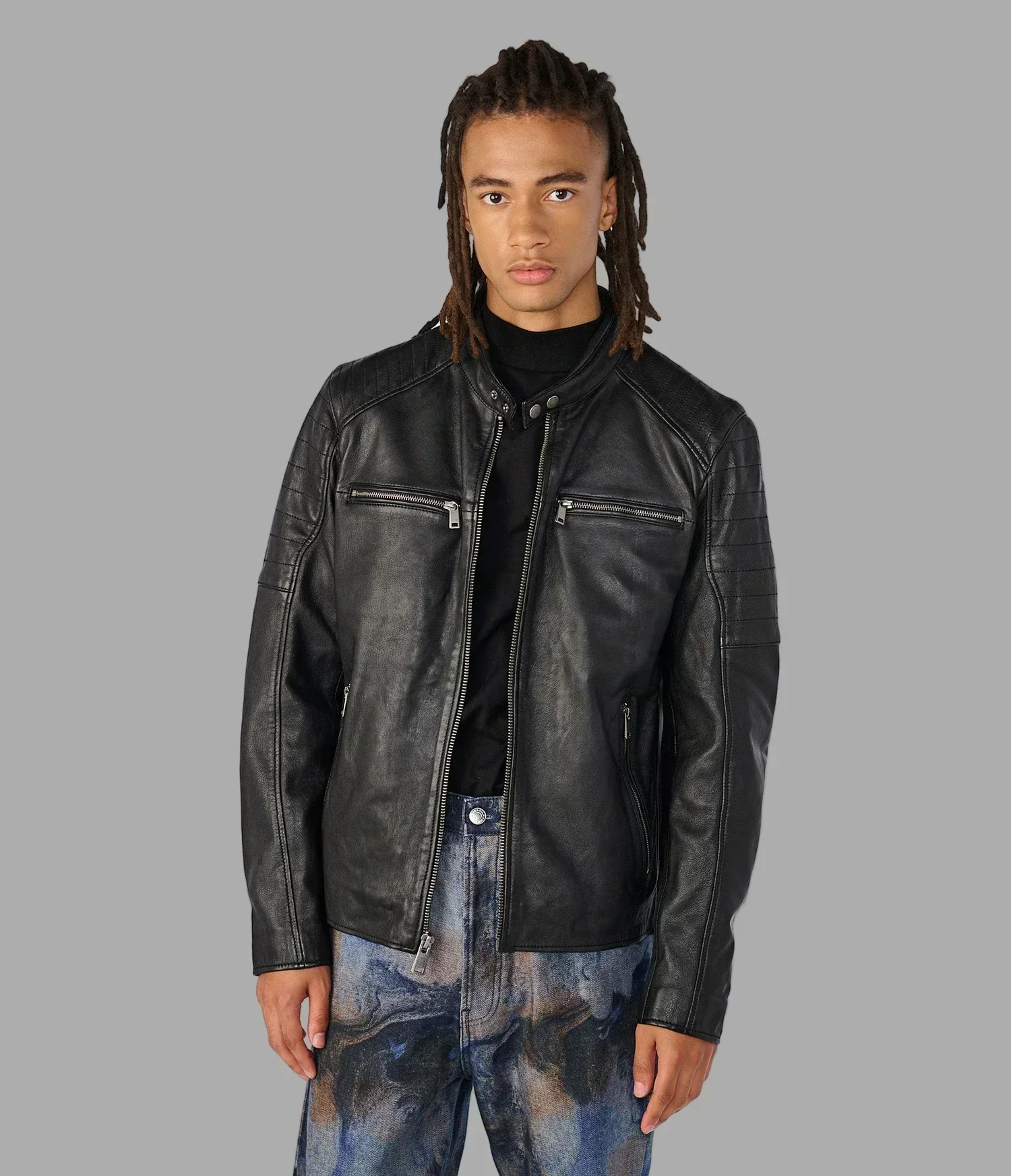 Lance Collarless Leather Moto Jacket