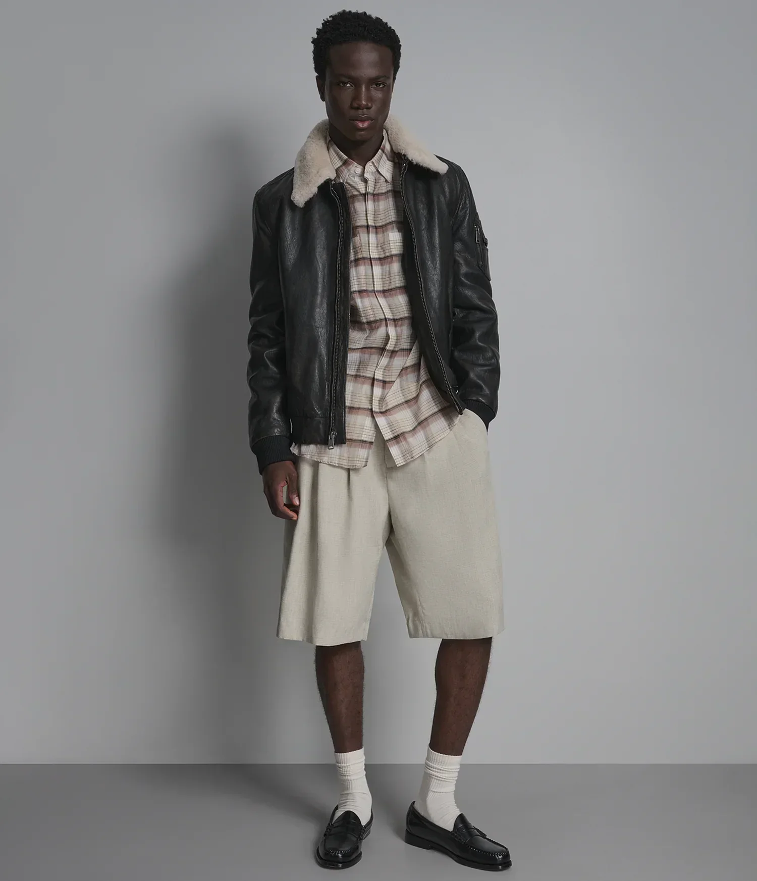 Jimmy Leather Aviator Bomber Jacket With Shearling Collar